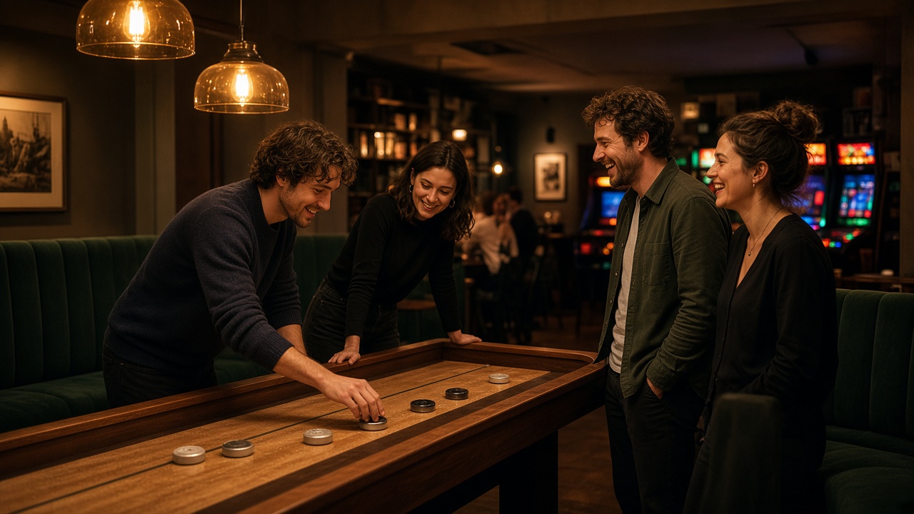Four friends playing shuffleboard together in a warm, atmospheric games bar.