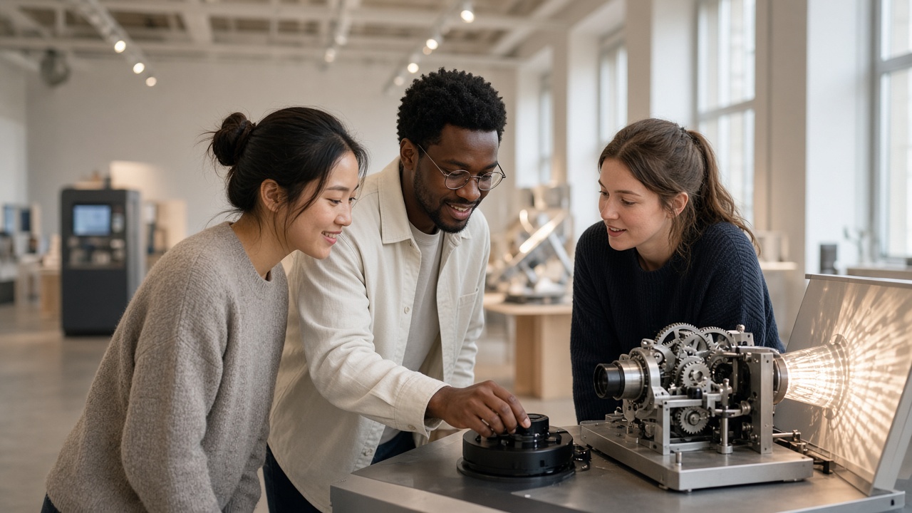 Three friends exploring a mechanical light installation together in a bright technology museum.