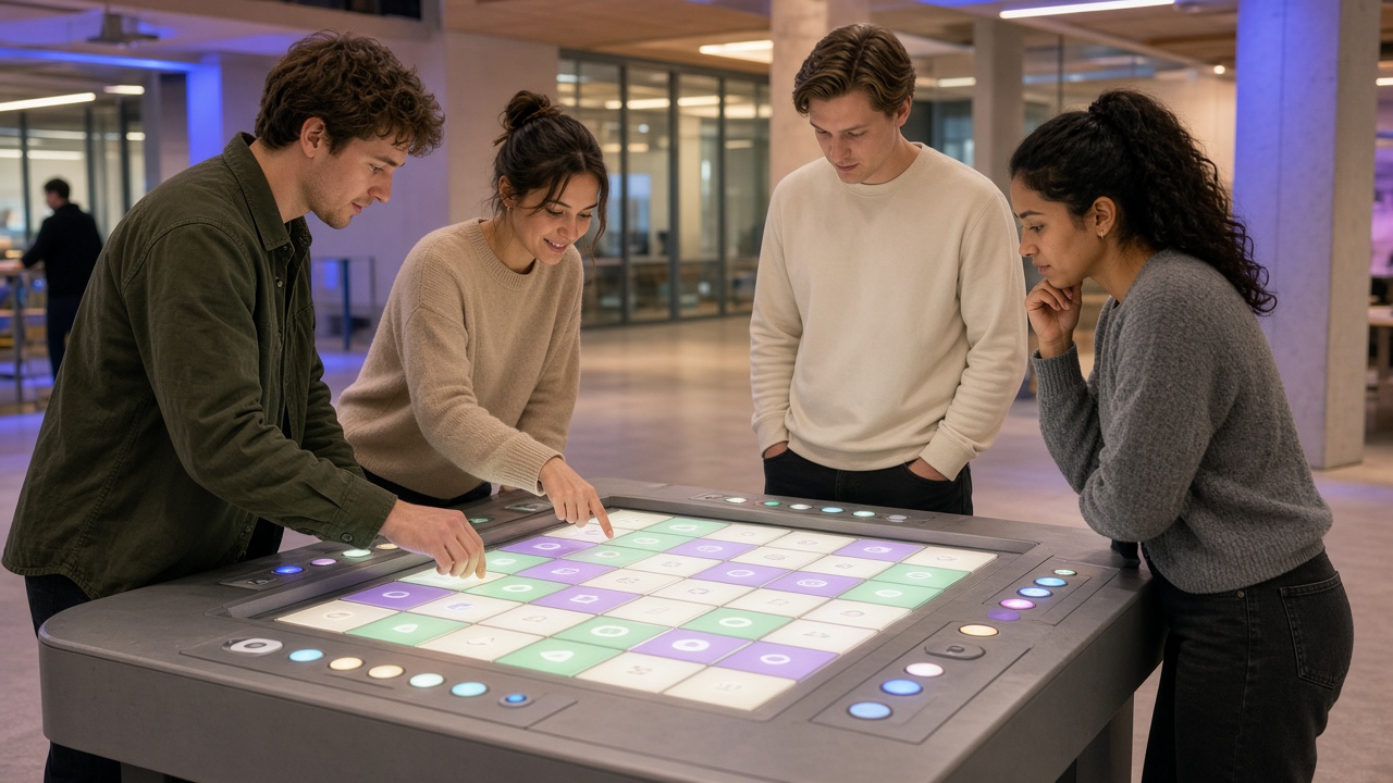 Four friends concentrating on an illuminated strategy game in a modern activity venue.