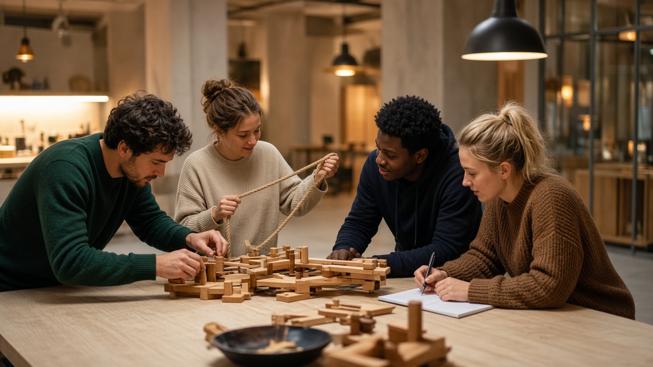 Four friends working together on a physical challenge with wooden pieces and ropes.
