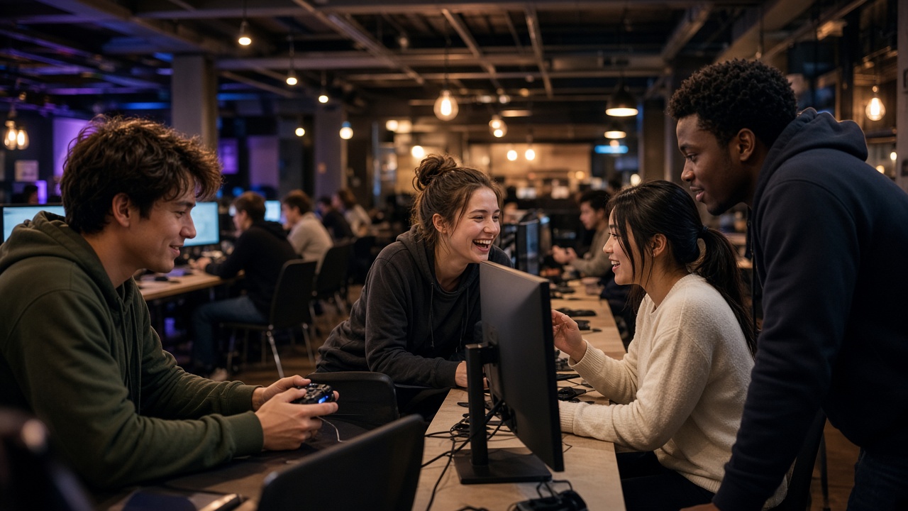 Four friends gaming and talking together in a social venue with multiple gaming stations.