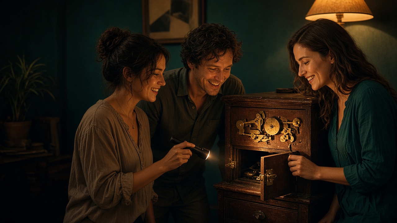 Three friends discovering a hidden clue in a warmly lit puzzle room.